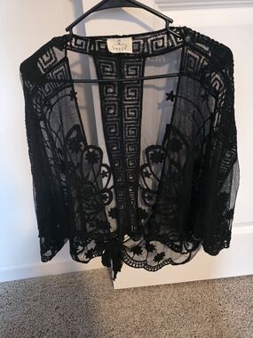 Ember Black Sheer Embroidered Crochet Kimono Jacket